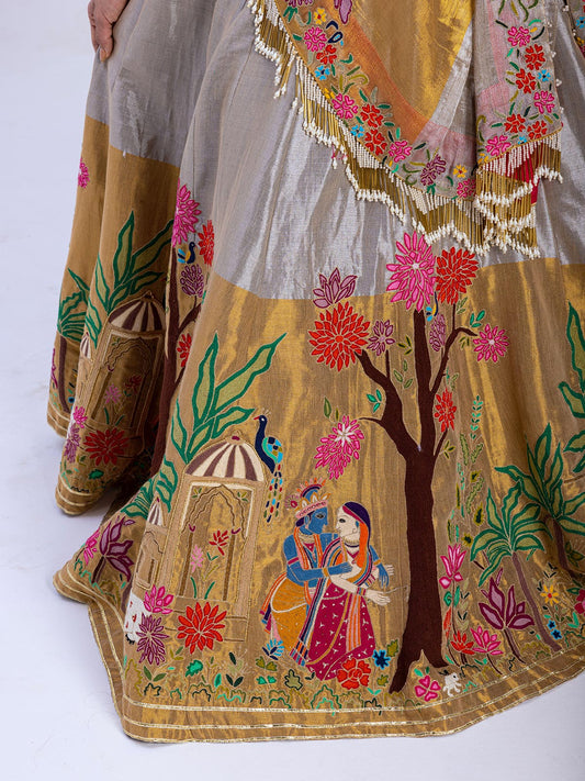 Pure Tissue Silk Gold Silver Lehenga with Thread Handwork Embroidery