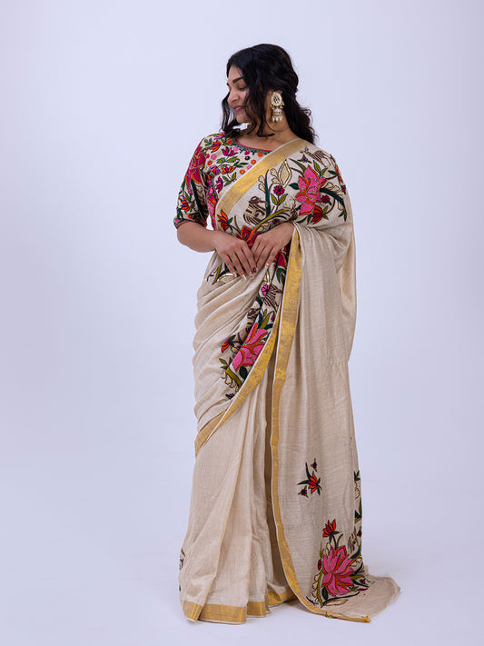 Beige Pashmina Silk Saree with Floral Handwork