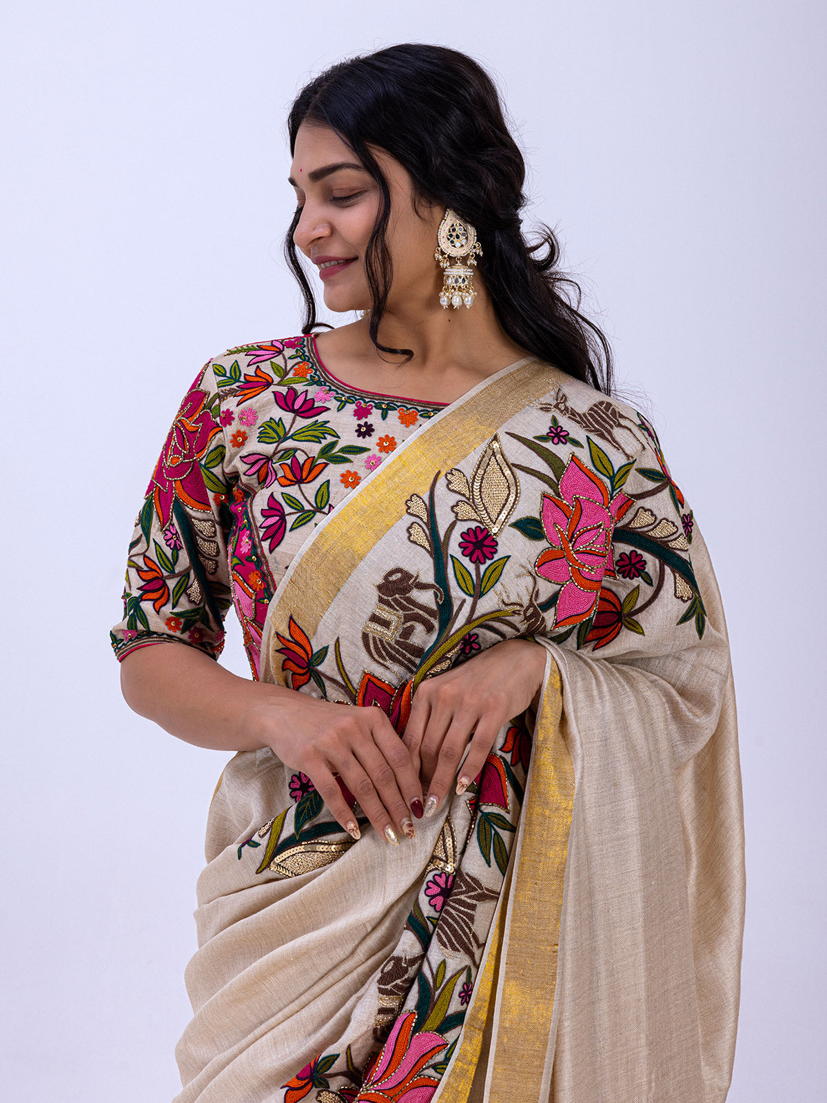Beige Pashmina Silk Saree with Floral Handwork