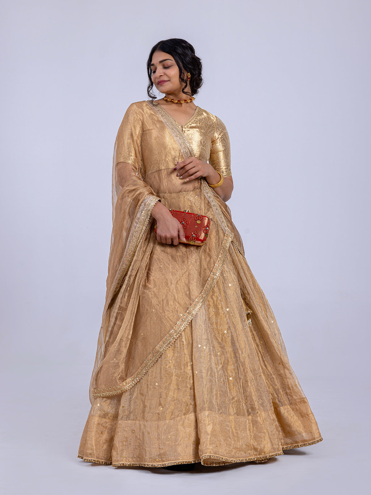 Gold Tissue Lehenga Design with Gold blouse