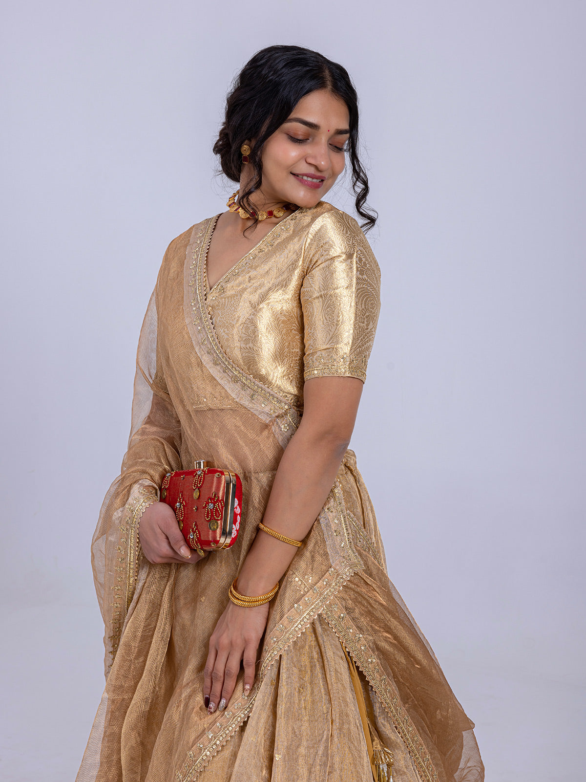 Gold Tissue Lehenga Design with Gold blouse