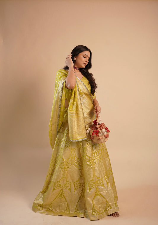 Lemon yellow Banarasi Lehenga Choli With Dupatta