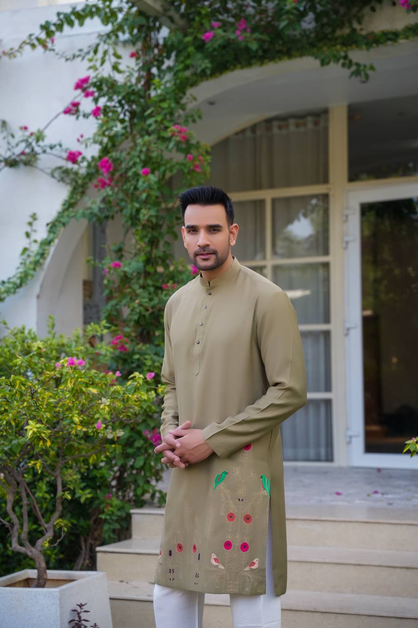 Mehndi Green kurta-set For Men