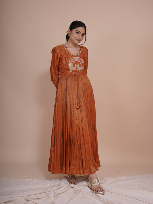 Mayurah Tisssue Silk Rust orange Anarkali Dress