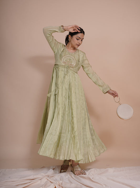 Mayurah Tisssue Silk Green Anarkali Dress
