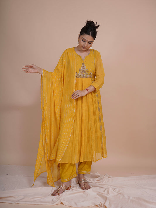 Devalaya Yellow Chanderi Tissue Kurta Set