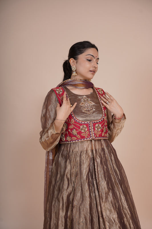 Brown- purple Tissue Lehenga-choli