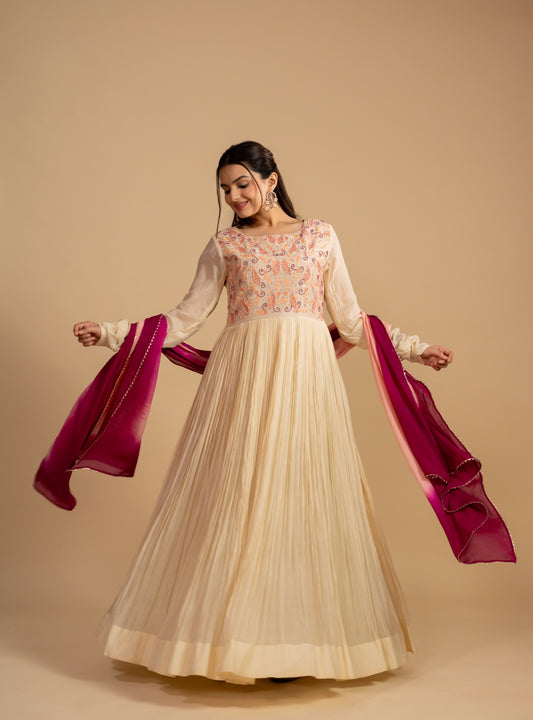 Mal Chanderi Anarkali Dress With Pink Dupatta