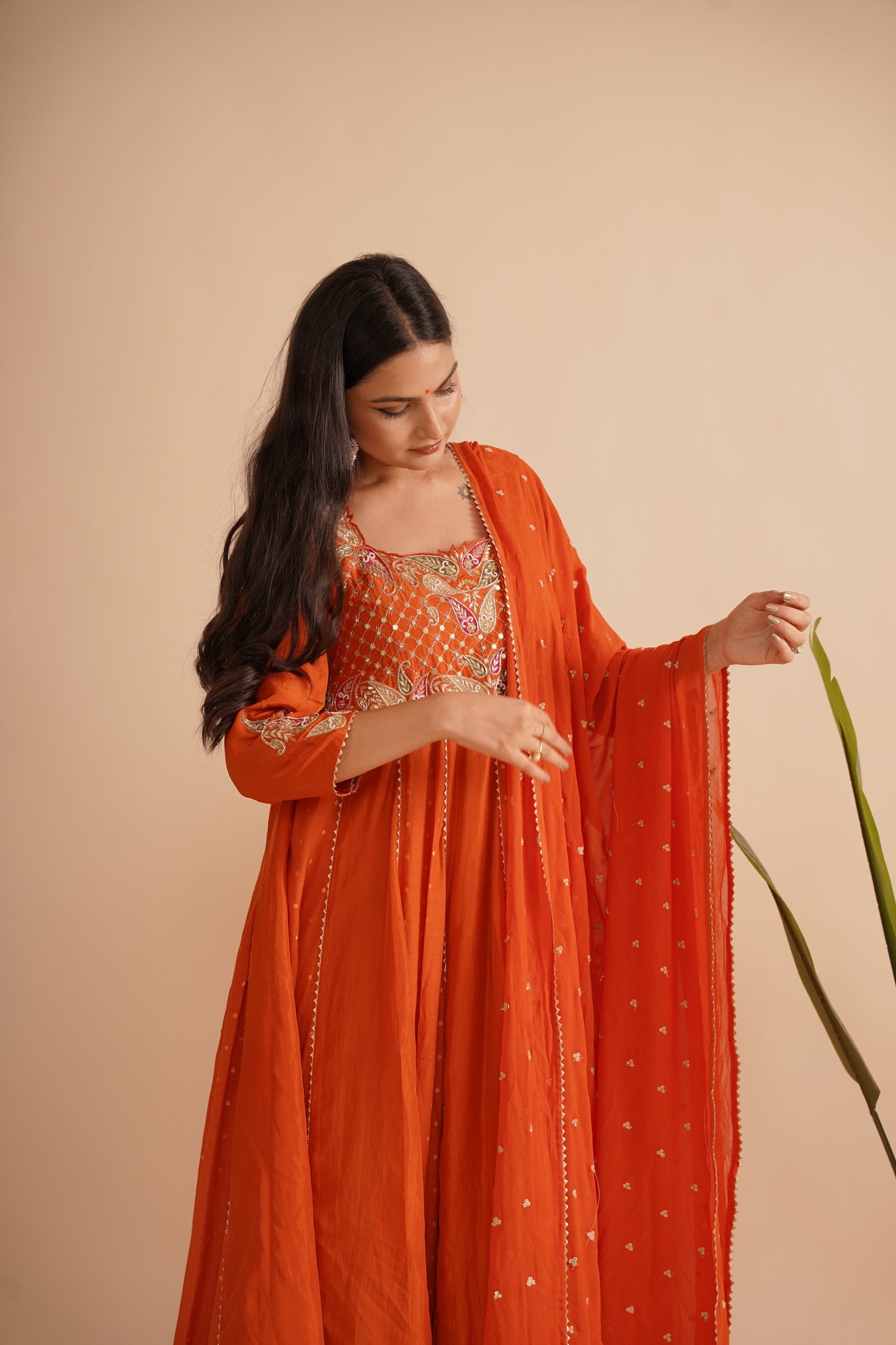 Pure silk Orange Anarkali set