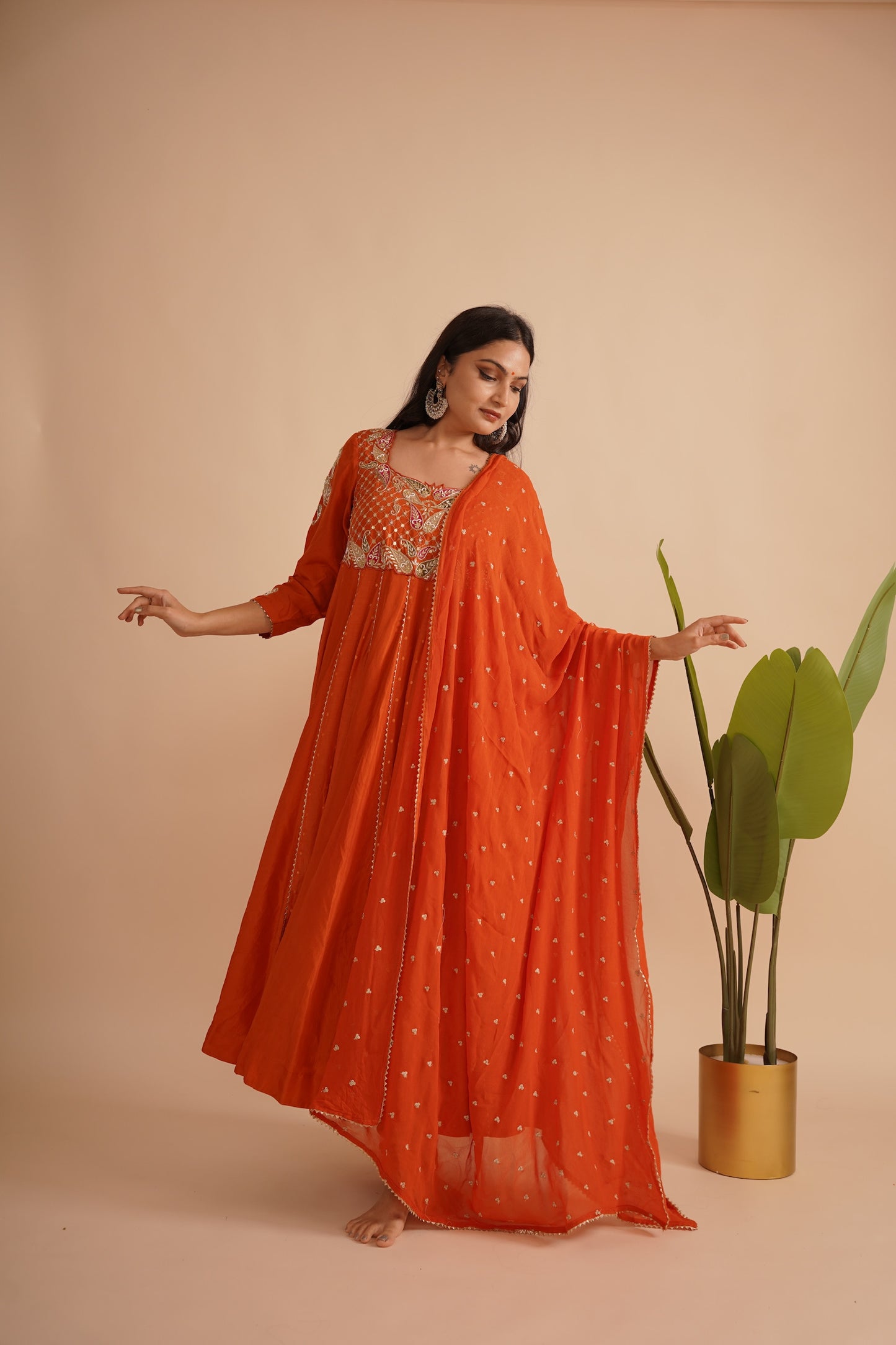 Pure silk Orange Anarkali set
