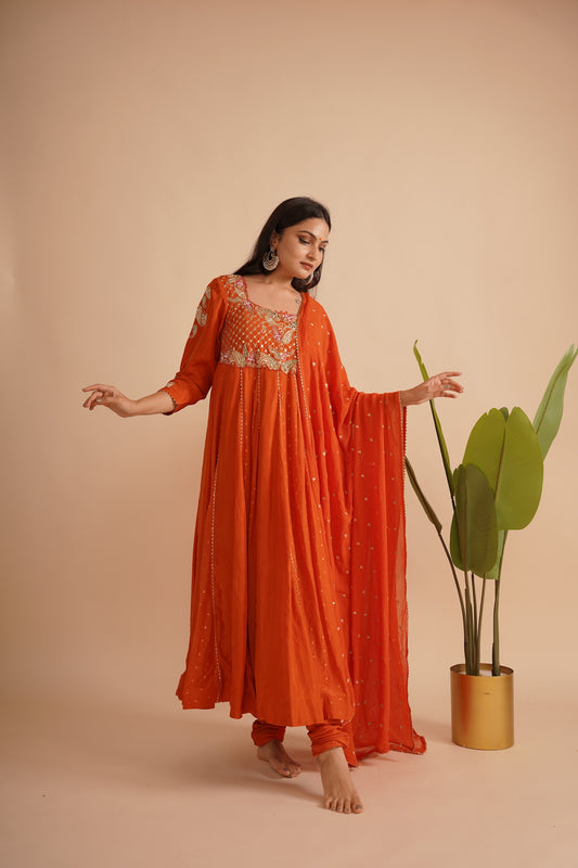 Pure silk Orange Anarkali set