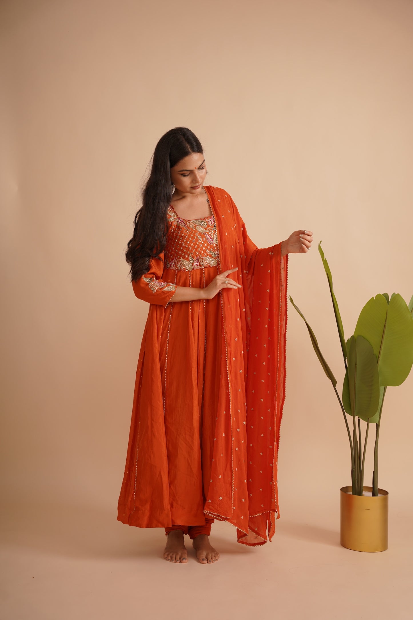 Pure silk Orange Anarkali set