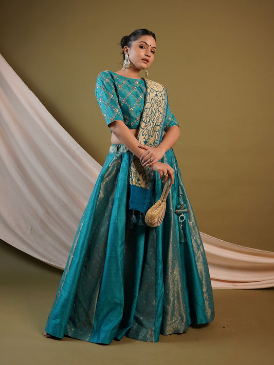 Pure Raw silk and Blue Banarasi Lehenga Choli