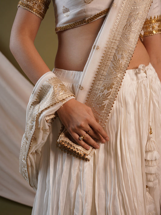 White and Gold Silk Banarasi Lehenga Choli
