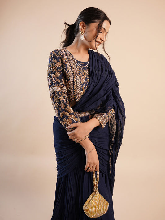 Navy Blue Draped Saree for Wedding Party