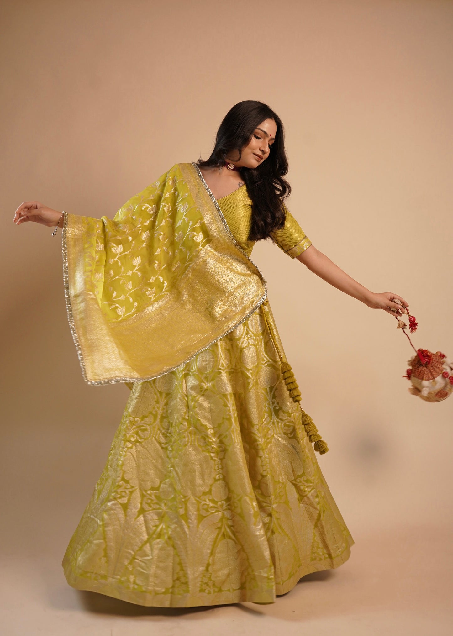 Lemon yellow Banarasi Lehenga Choli With Dupatta