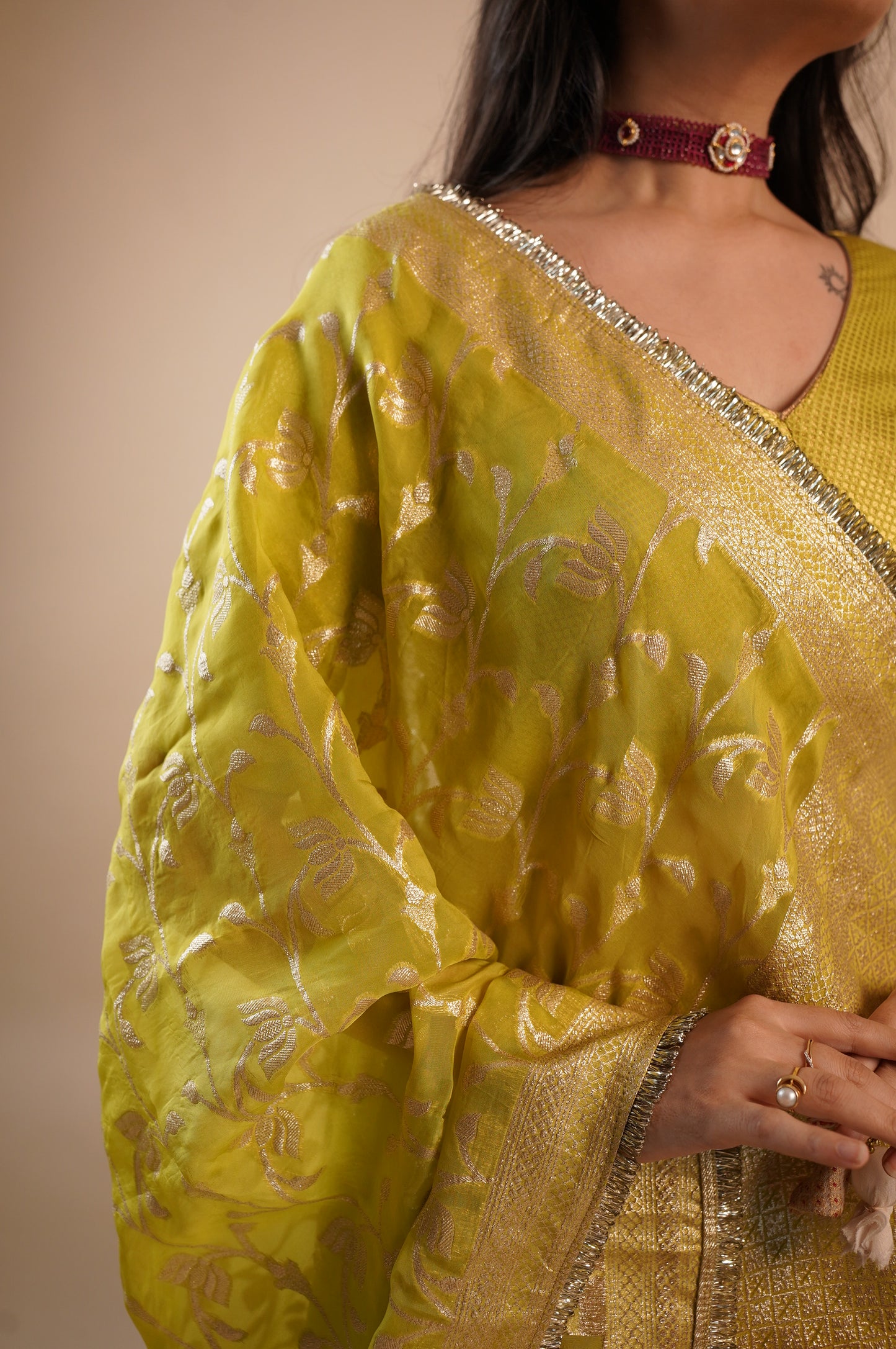 Lemon yellow Banarasi Lehenga Choli With Dupatta