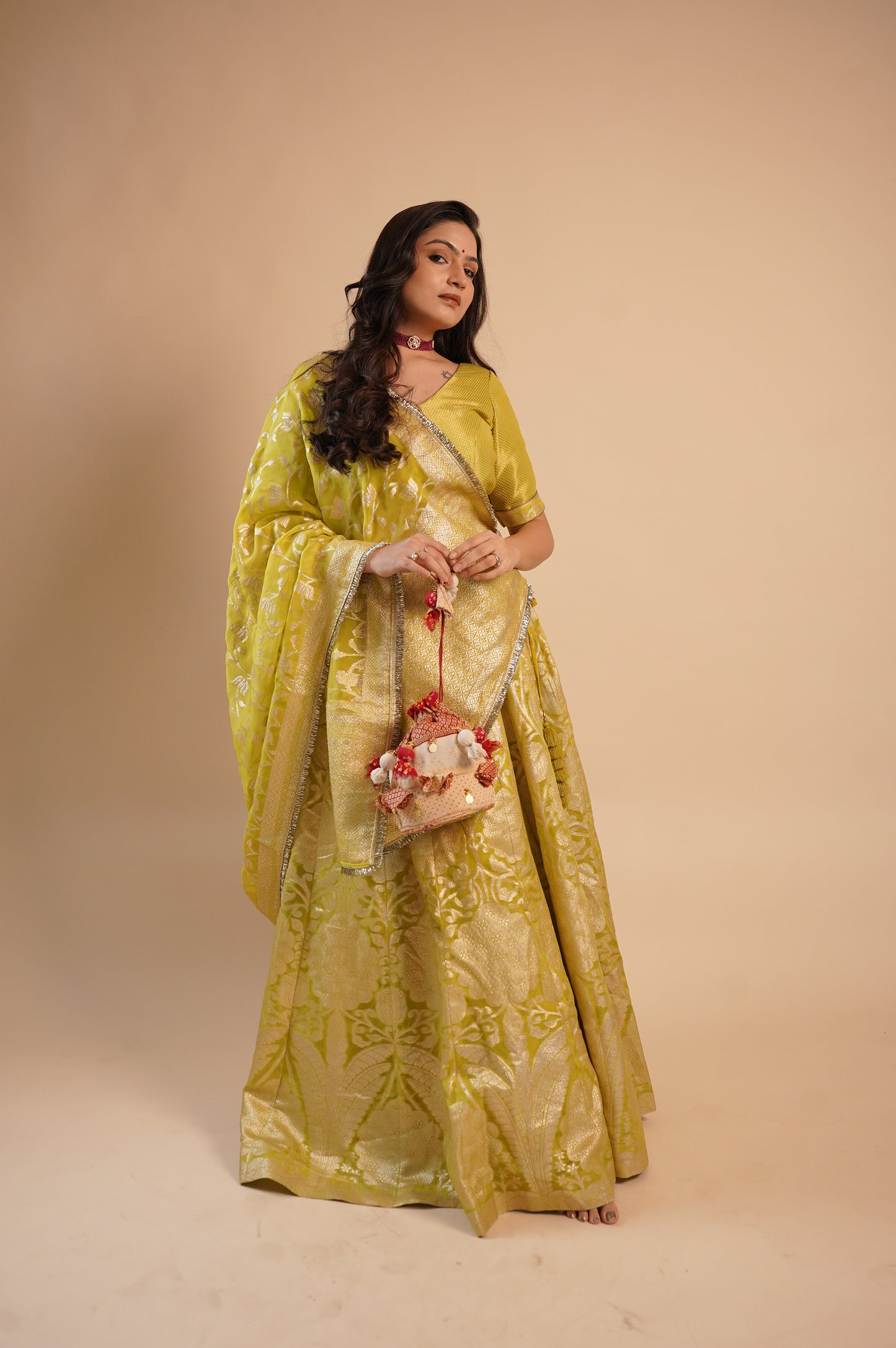 Lemon yellow Banarasi Lehenga Choli With Dupatta