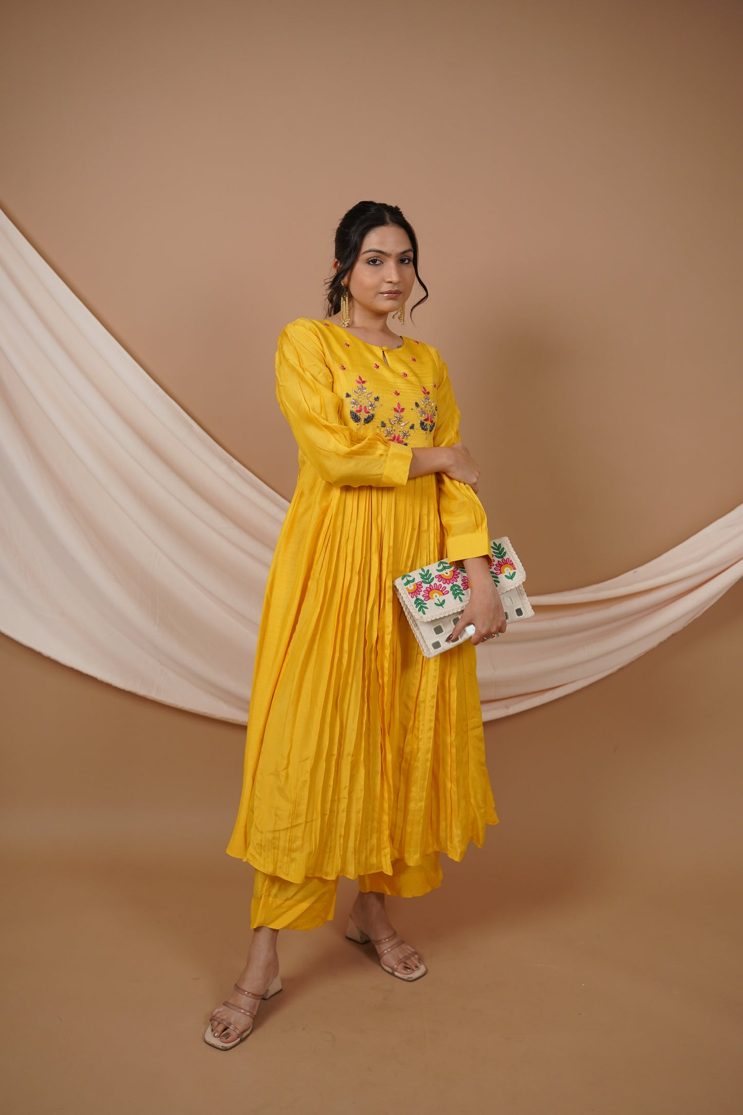 Yellow Chanderi Silk Kurti Set with Handwork on Yoke