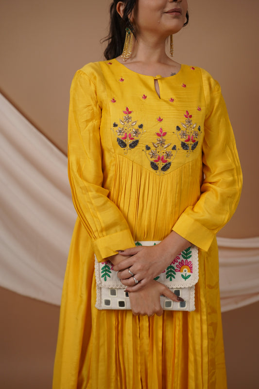 Yellow Chanderi Silk Kurti Set with Handwork on Yoke