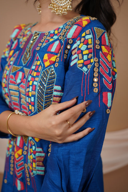 Blue Flat Raw Silk Kurti Set