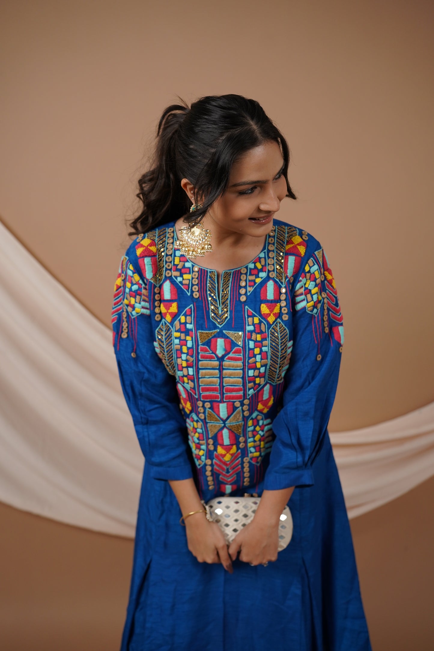 Blue Flat Raw Silk Kurti Set
