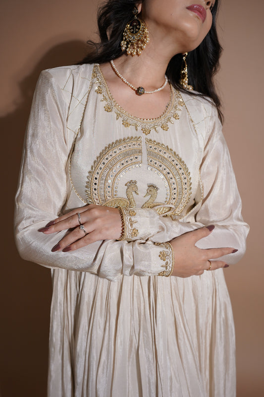 Mayurah Tisssue Silk Ivory Anarkali Dress