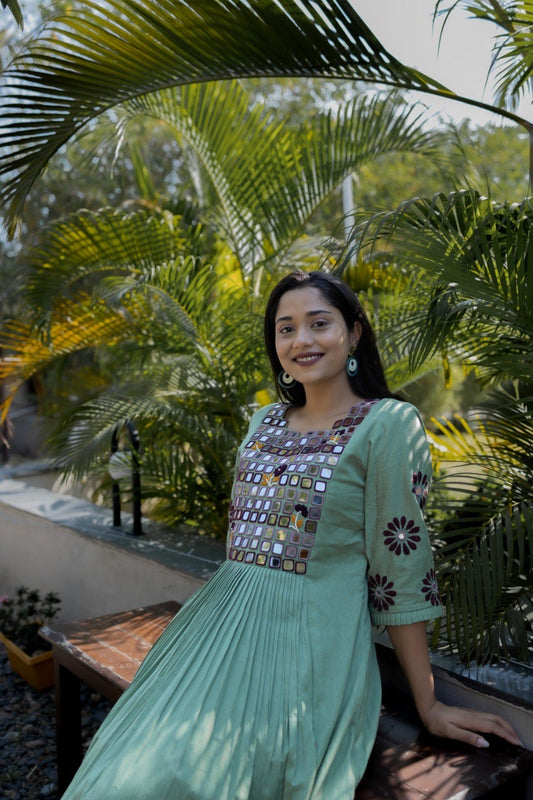 Green Pleated Mirror Dress