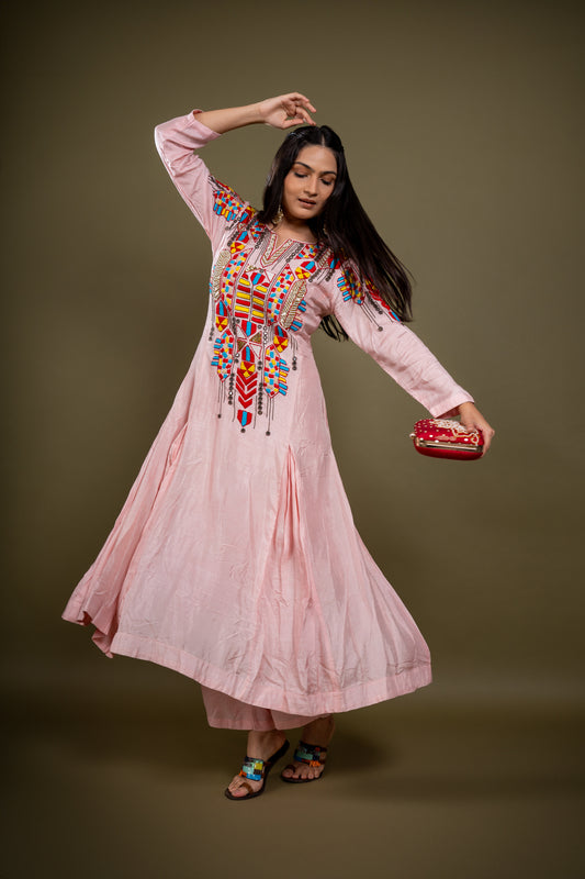 Peach Flat Raw silk Aline Kurta Set