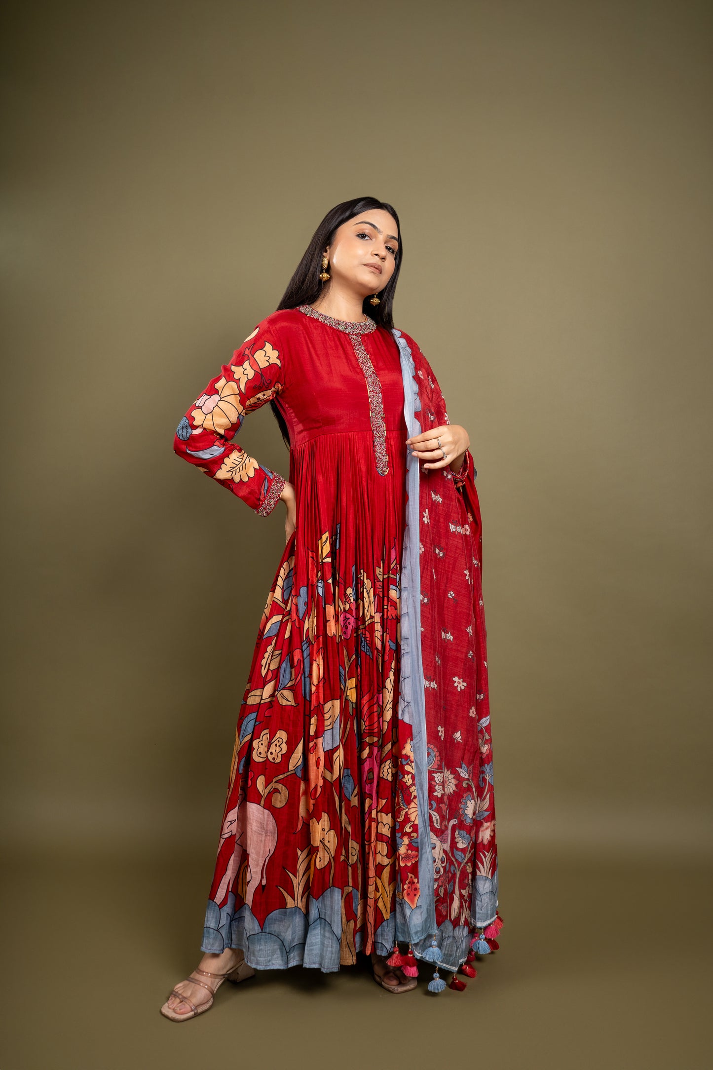 Kalamkari Red Anarkali Suit in Muslin Silk