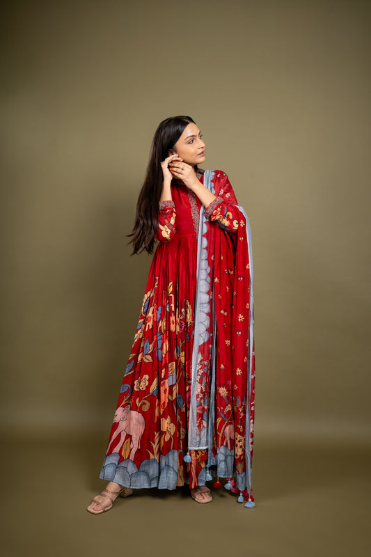 Kalamkari Red Anarkali Suit in Muslin Silk