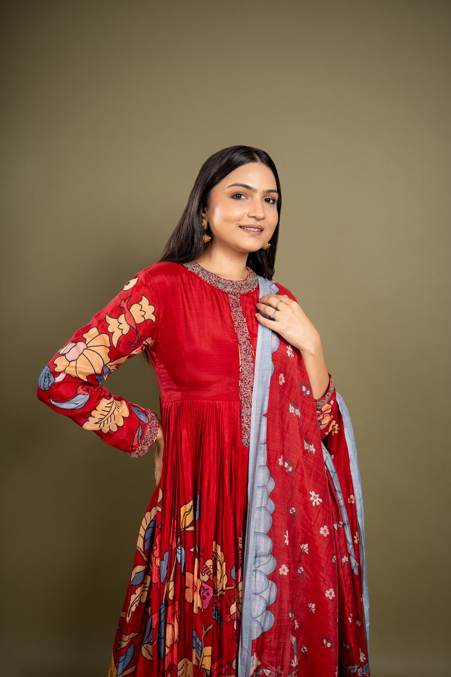 Kalamkari Red Anarkali Suit in Muslin Silk