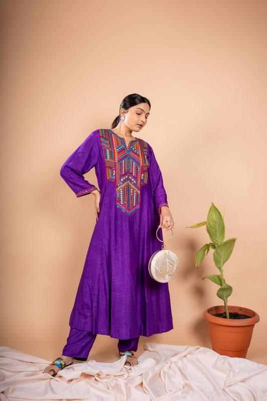Reva Purple Flat Raw Silk Kurta Set