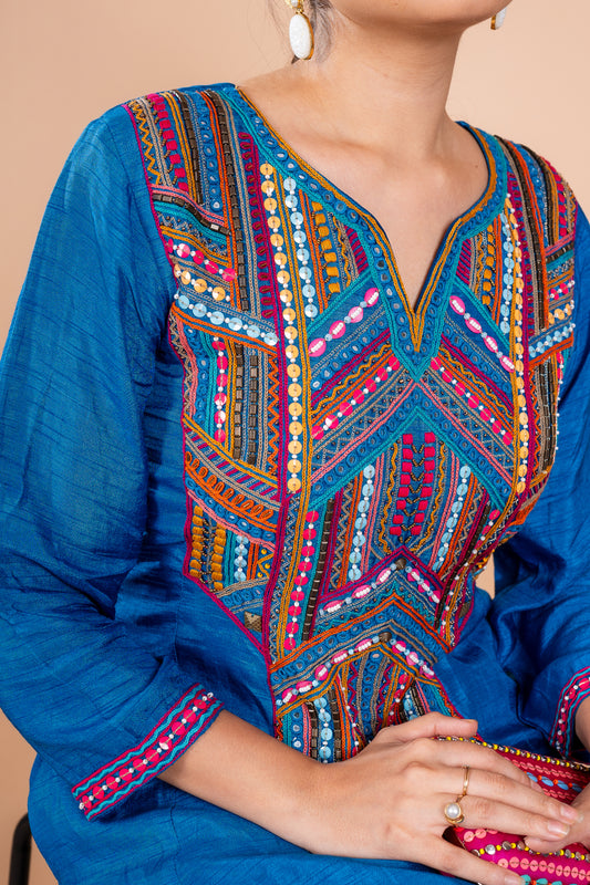 Reva Blue Flat Raw Silk Kurta Set