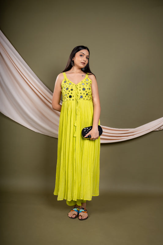 Modern Parrot Green Kurti Set with Mirror Work