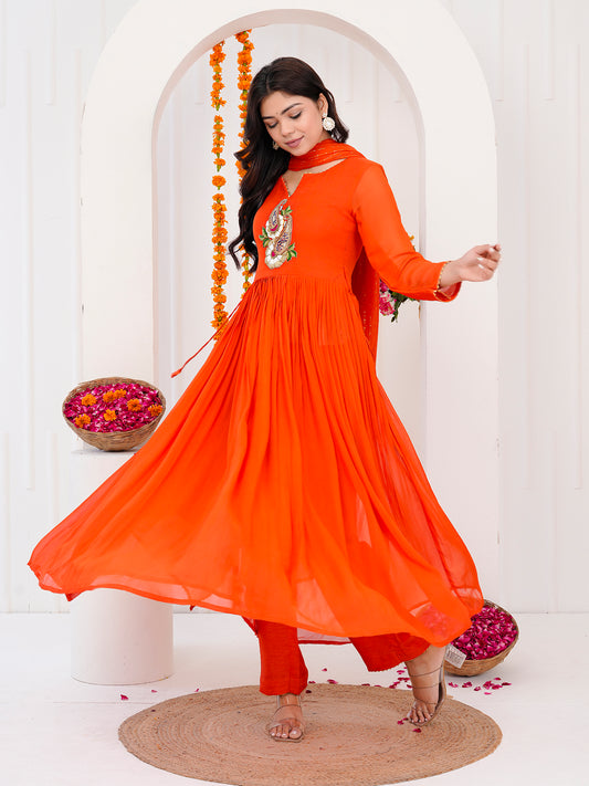 Orange Anarkali Kurti-Set With Duppata