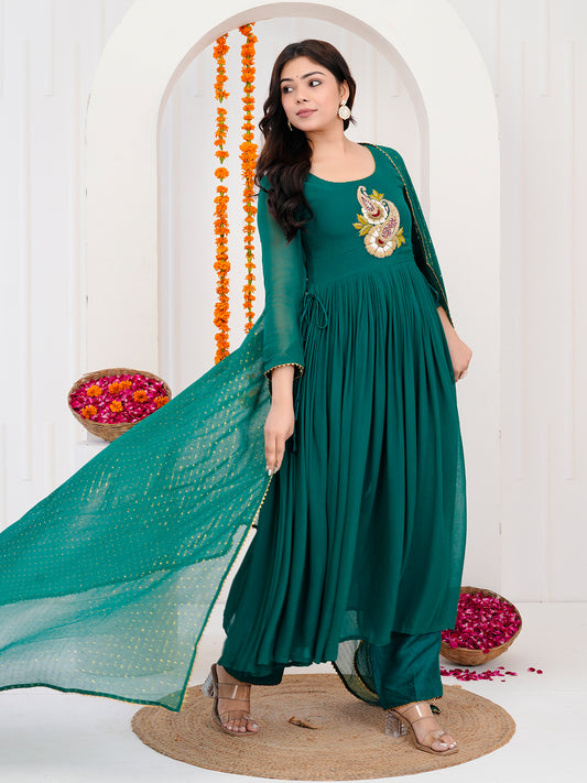 Green Anarkali Kurti-Set With Duppata
