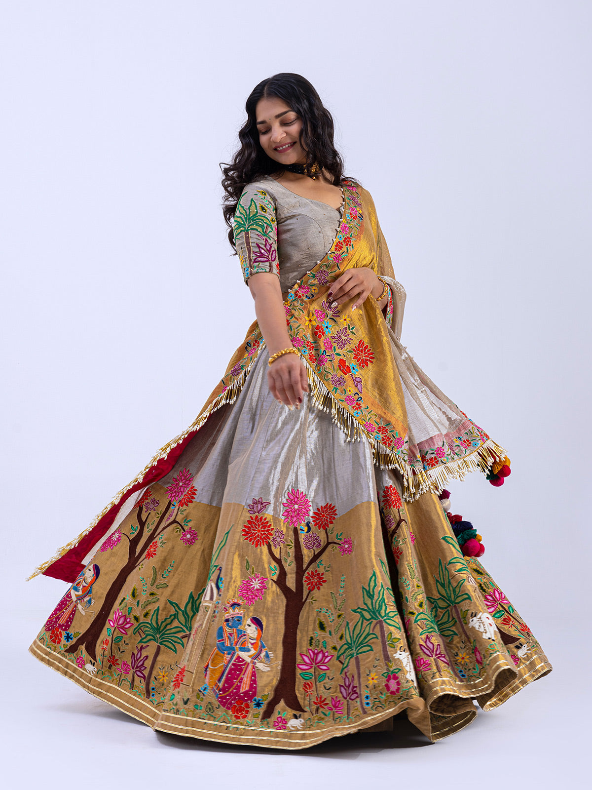 Pure Tissue Silk Gold Silver Lehenga with Thread Handwork Embroidery