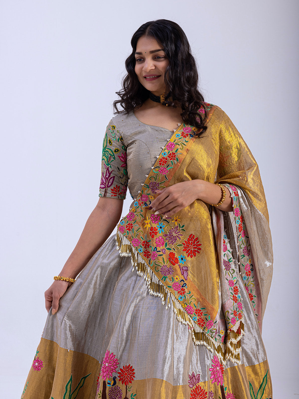 Pure Tissue Silk Gold Silver Lehenga with Thread Handwork Embroidery
