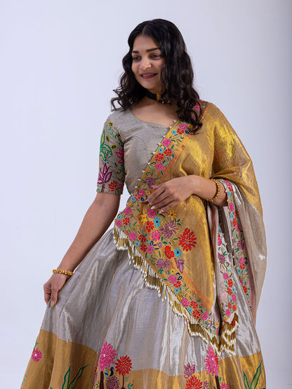 Pure Tissue Silk Gold Silver Lehenga with Thread Handwork Embroidery