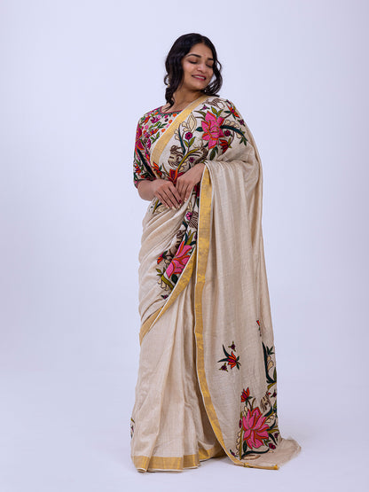 Beige Pashmina Silk Saree with Floral Handwork