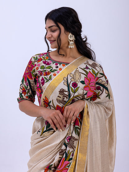 Beige Pashmina Silk Saree with Floral Handwork