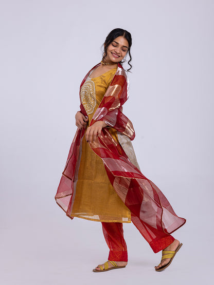 Gold and Silver Tissue Silk Kurta Set Dress