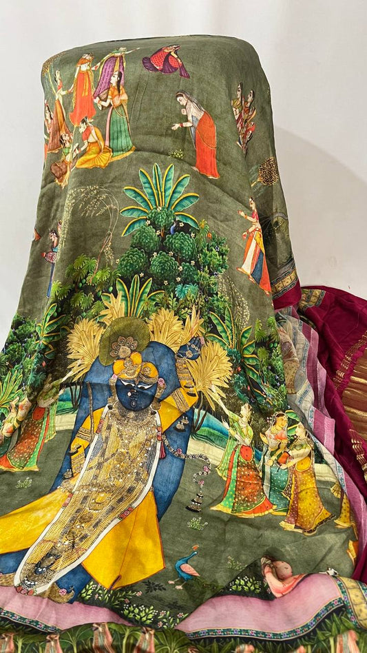 Mehndi Green Hand-printed Duppata