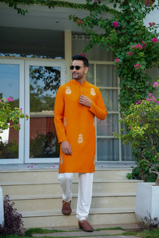 Orange kurta set For Men