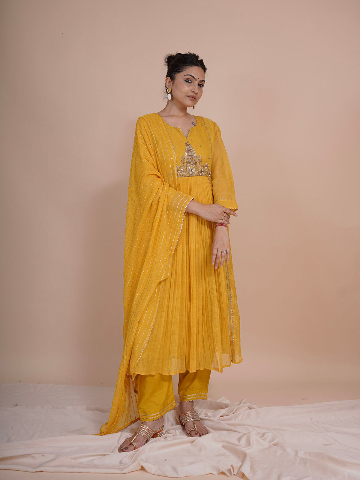 Devalaya Yellow  Chanderi Tissue Kurta Set