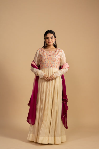 Mal Chanderi Anarkali Dress With Pink Dupatta