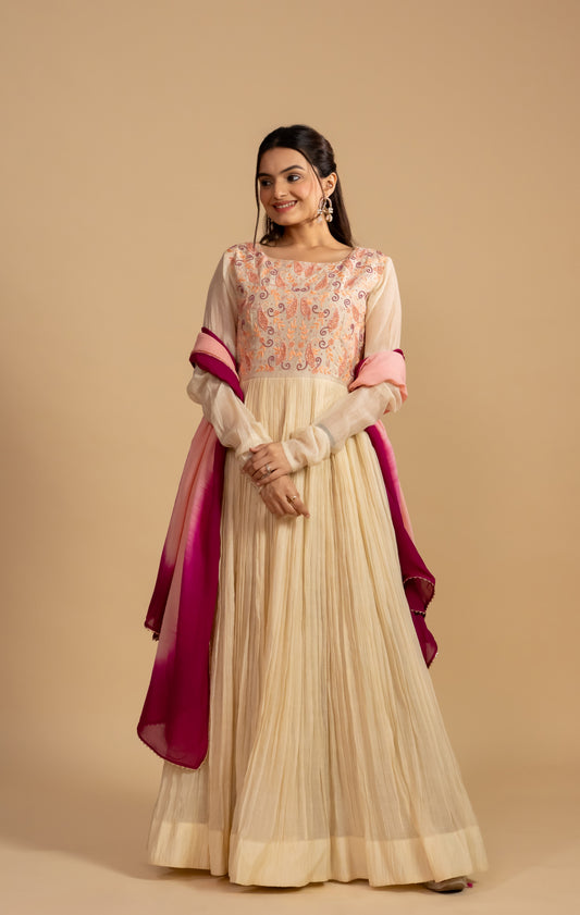 Mal Chanderi Anarkali Dress With Pink Dupatta
