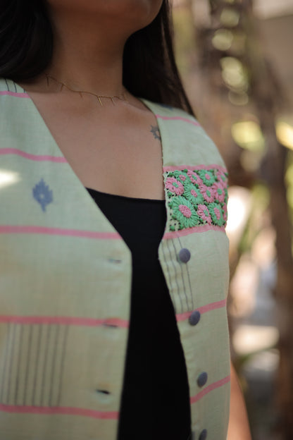 Pista Green Jamdani Waistcoat