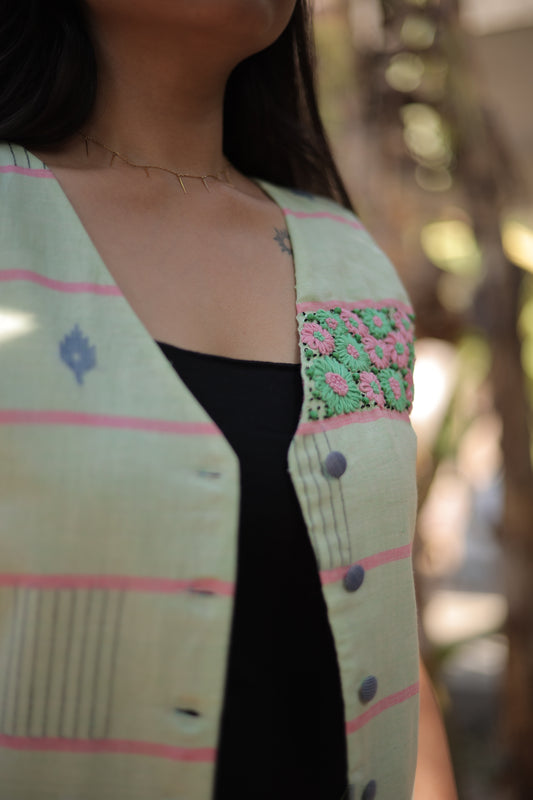 Pista Green Jamdani Waistcoat